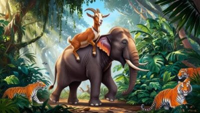 goat on the shoulder of elephant